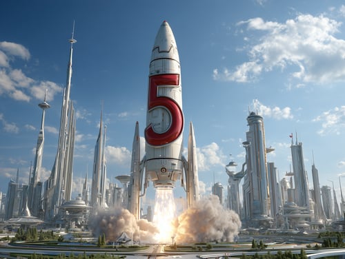 mattdunn_Rocket_with_huge_5_on_it_Launching_from_a_futuristic_m_9f7e3f45-613a-49ba-91b6-149d05c9d070